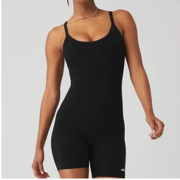 Alo seamless ribbed mellow Romper Bodysuit Black Sz S - Picture 2 of 7